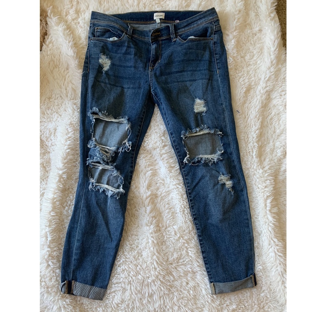 Distressed denim with fringe detail, worn twice